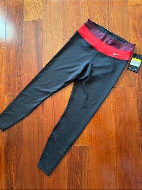 NWT Nike Black Training Leggings with Red and Burgundy Waistband